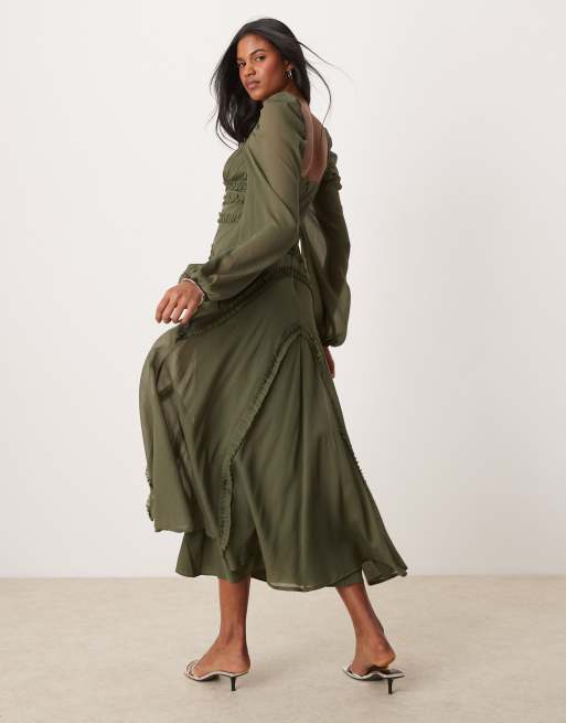 ASOS DESIGN - Midi jurk van chiffon met lange mouwen en ruches in kaki, 2 van 4