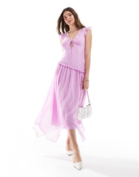 ASOS DESIGN - Midi-jurk van chiffon met verlaagde taille en ruches - view 1