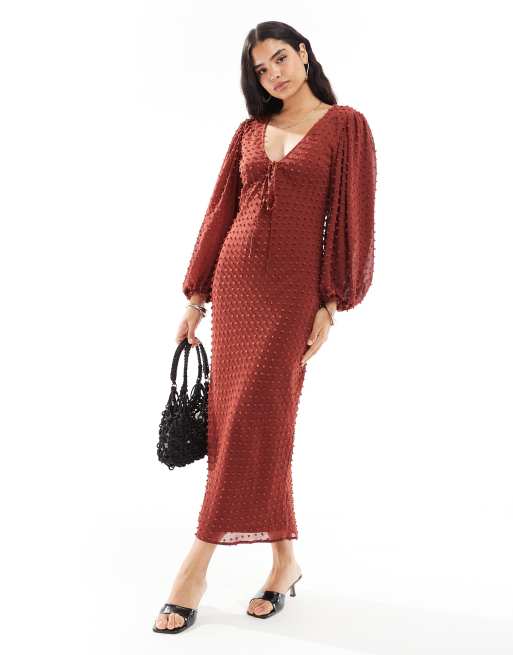 ASOS DESIGN - Midi jurk van dobby met ballonmouwen in roest oranje