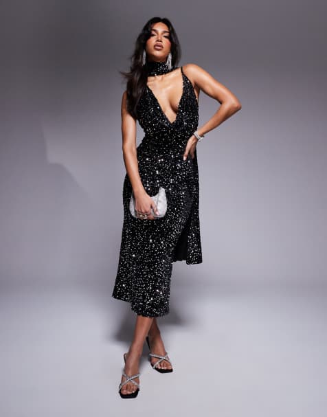 ASOS DESIGN - Midi jurk van fluweel met lovertjes en gedrapeerde halslijn met sjaal in zwart - view 1