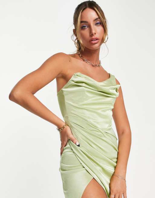 ASOS DESIGN - Midi-jurk van gedrapeerd satijn met blote schouder en korset in saliegroen, 2 van 4
