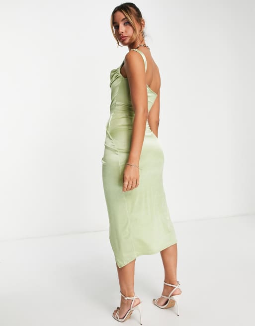 ASOS DESIGN - Midi-jurk van gedrapeerd satijn met blote schouder en korset in saliegroen, 4 van 4