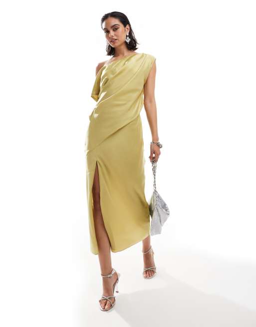 ASOS DESIGN - Midi jurk van gedrapeerd satijn met blote schouders en split in limoengroen