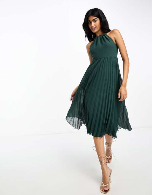 ASOS DESIGN - Midi-jurk van geplooid chiffon met halternek in dennengroen