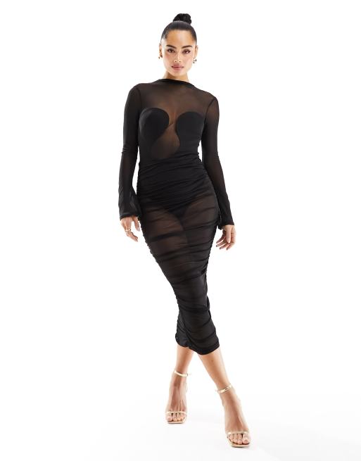 ASOS DESIGN - Midi-jurk van gerimpeld mesh met afgeronde bodysuit op het lijfje in zwart