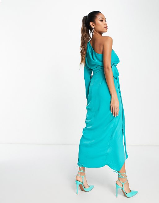 ASOS DESIGN - Midi jurk van getextureerd satijn met één mouw en uitsnijding aan de taille in blauw, 2 van 4