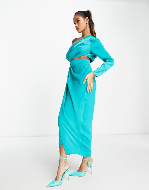 ASOS DESIGN - Midi jurk van getextureerd satijn met één mouw en uitsnijding aan de taille in blauw, 4 van 4
