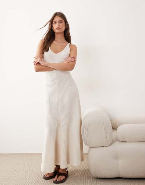 ASOS DESIGN - Midi jurk van jersey met textuur en lage ronde hals in crème - view 1