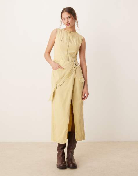ASOS DESIGN - Midi jurk van keperstof met split, gesp en acid wash in stone - view 1