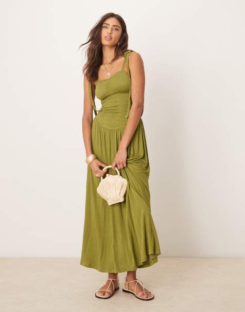 ASOS DESIGN - Midi jurk van kreukelstof met gesmokt lijfje en gestrikte cami-bandjes in olijfgroen - view 1
