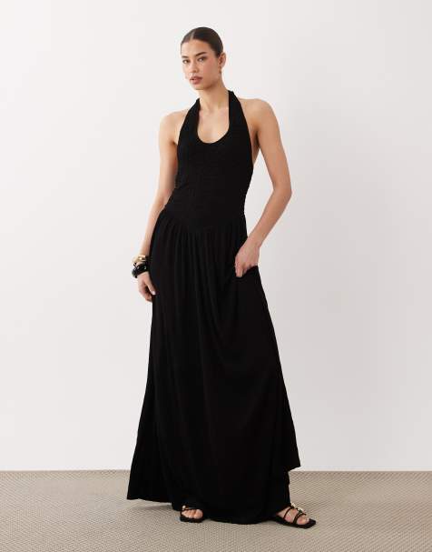 ASOS DESIGN - Midi-jurk van kreukelstof met halternek in zwart - view 1