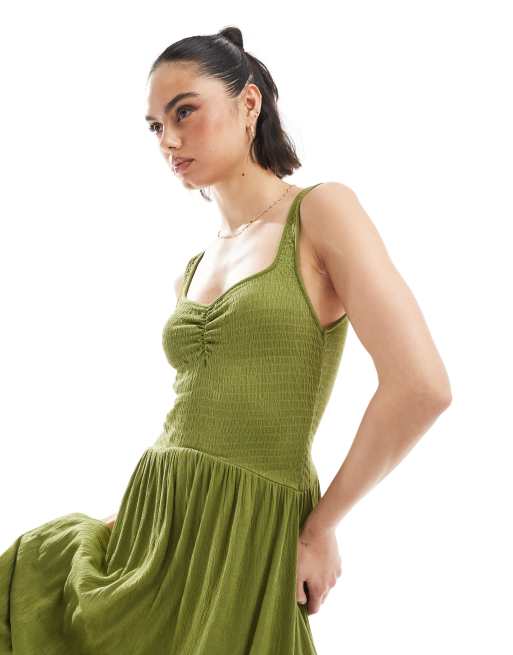 ASOS DESIGN crinkle sweetheart neck midi dress in khaki green