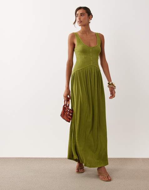 ASOS DESIGN - Midi jurk van kreukelstof met knoopsluiting in olijfgroen - view 1