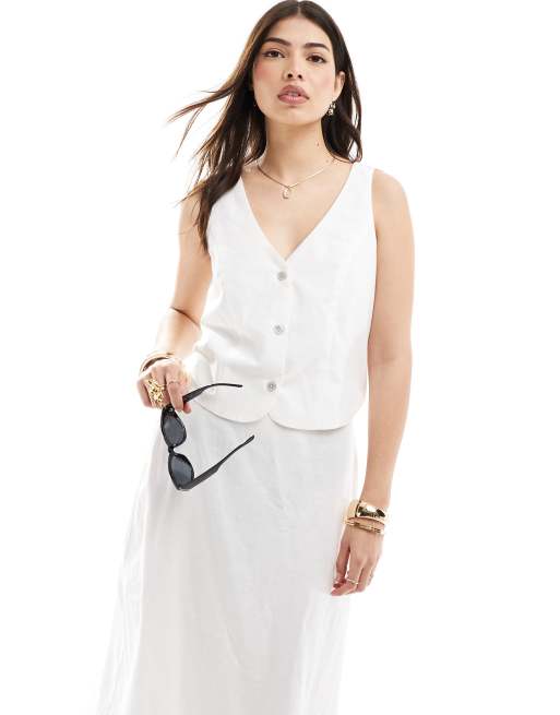 ASOS DESIGN - Midi jurk van linnen met knoopsluiting en uitsnijding in wit