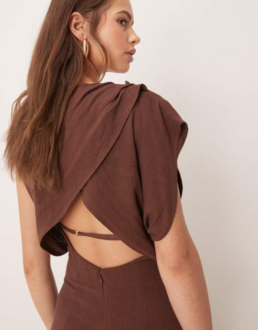 ASOS DESIGN linen mix open back draped waist midi dress in chocolate