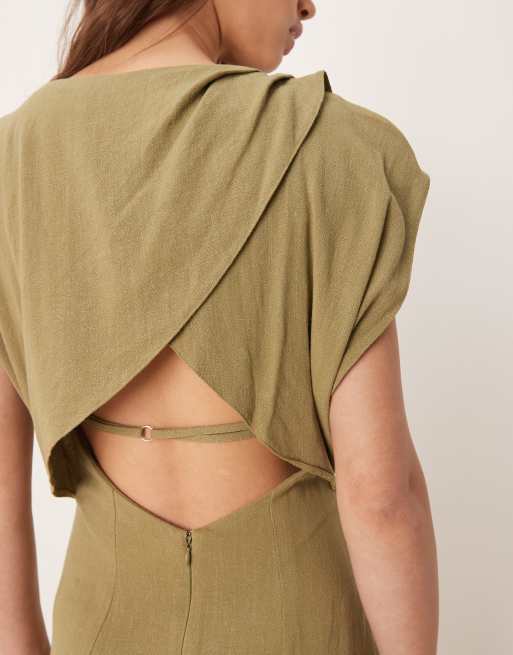 ASOS DESIGN linen open back draped waist midi dress in khaki