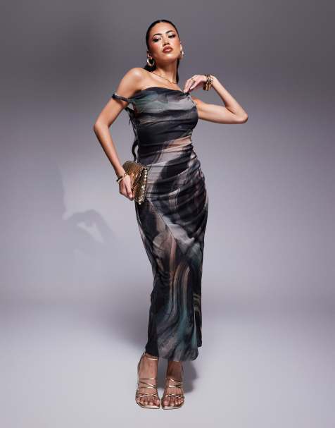 ASOS DESIGN - Midi jurk van mesh met blote schouder, gedraaid schouderbandjes en marmerprint - view 1