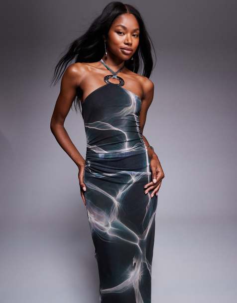 ASOS DESIGN - Midi jurk van mesh met halternek en metalen details in zilver in donkere marmerprint - view 1
