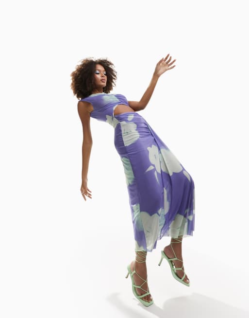 ASOS DESIGN - Midi jurk van mesh met rimpeleffect en uitgesneden taille in blauwe print