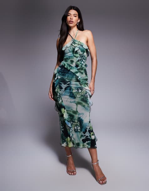 ASOS DESIGN - Midi-jurk van mesh met ruches met waterval-effect, halternek en print - view 1