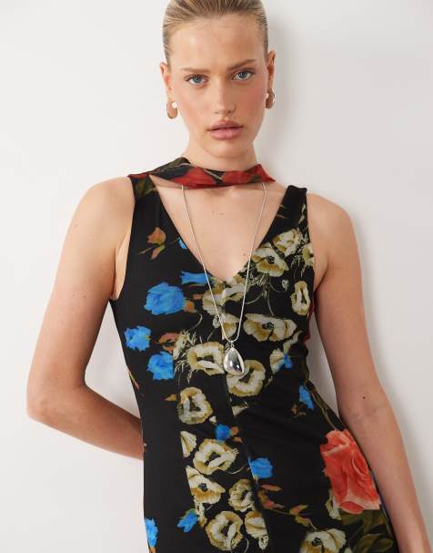 ASOS DESIGN - Midi-jurk van mesh met sjaaldetail en bloemenprint - view 1