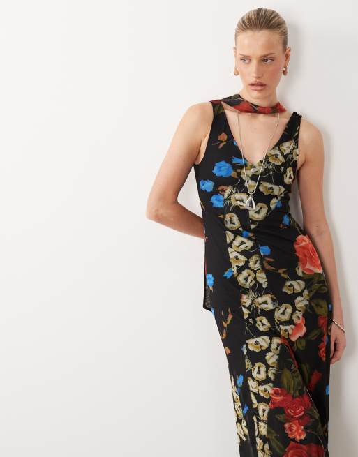 ASOS DESIGN - Midi-jurk van mesh met sjaaldetail en bloemenprint, 2 van 4
