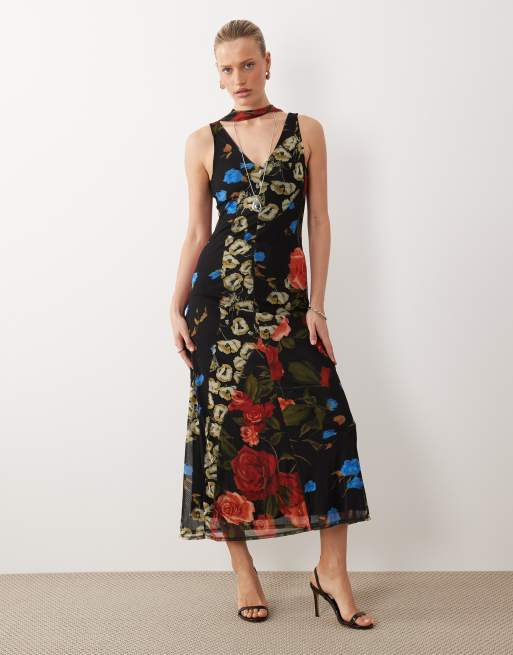 ASOS DESIGN - Midi-jurk van mesh met sjaaldetail en bloemenprint, 3 van 4