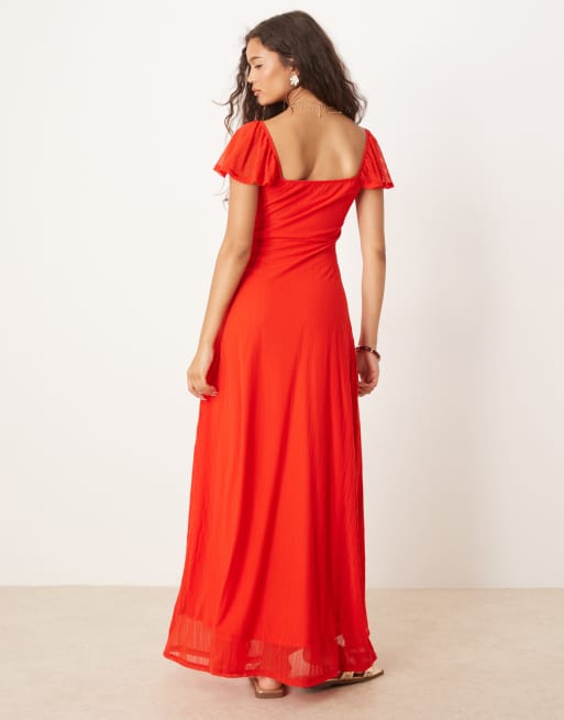 ASOS DESIGN - Midi-jurk van mesh met textuur in melkmeisjesstijl in rood, 3 van 4