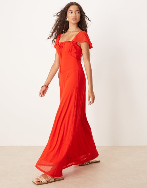 ASOS DESIGN - Midi-jurk van mesh met textuur in melkmeisjesstijl in rood, 4 van 4