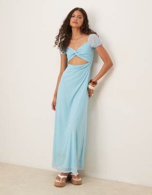 ASOS DESIGN - Midi jurk van mesh met textuur met pofmouwen en gedraaide voorkant in blauw - view 1