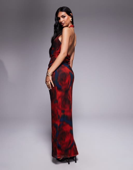 ASOS DESIGN - Midi jurk van mesh met wikkelrok, diep decolleté, halternek en abstracte print in rood en blauw, 4 van 4