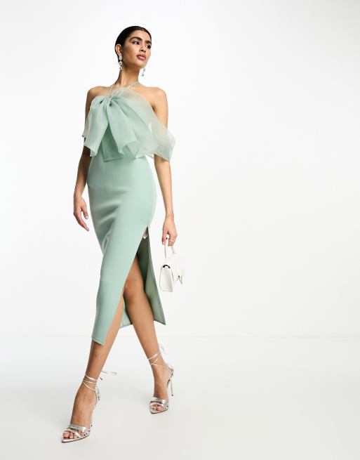 ASOS DESIGN - Midi-jurk van organza met halternek en strikdetail in koel salie