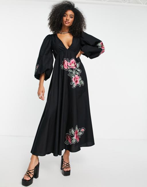 ASOS DESIGN - Midi-jurk van popeline met pofmouwen en geborduurd patchwork in zwart, 3 van 4