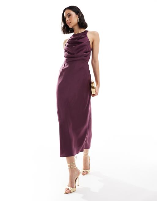 ASOS DESIGN - Midi jurk van satijn met gedrapeerd lijfje in aubergine