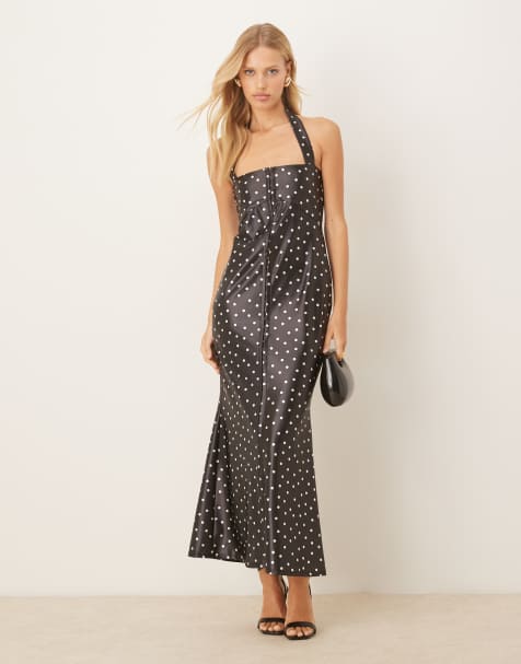 ASOS DESIGN - Midi-jurk van satijn met stretch en stippenprint - view 1