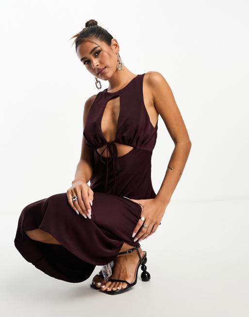 ASOS DESIGN - Midi jurk van satijn met uitsnijdingen en gestrikte voorkant in wijnrood, 4 van 4