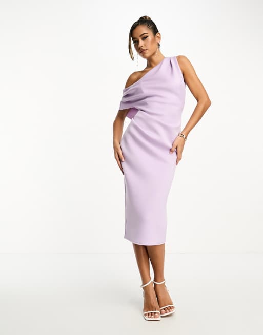ASOS DESIGN - Midi jurk van scubastof met afhangende schouder en geplooide achterkant in lila