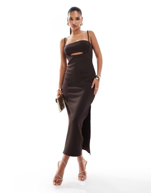 ASOS DESIGN - Midi-jurk van scubastof met bies in chocolade