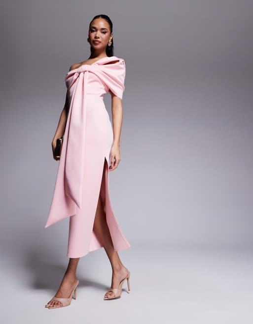 ASOS DESIGN - Midi-jurk van scubastof met blote schouders en strikdetail in roze