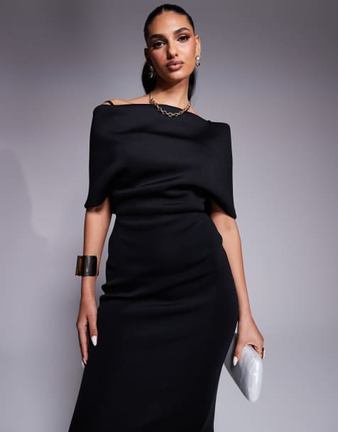 ASOS DESIGN - Midi jurk van scubastof met brede bardot-omslag en capedetail aan de achterkant in zwart - view 1