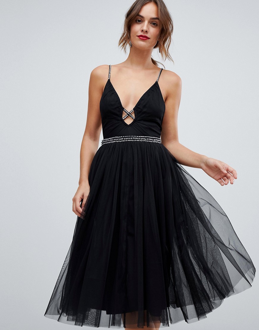 ASOS DESIGN - Midi-jurk van tule met versierde bandjes-Zwart