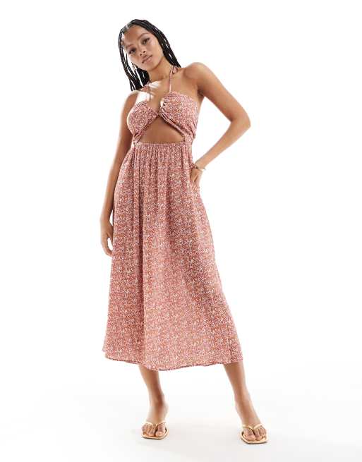 ASOS DESIGN - Midi jurk van viscose met halterdetail en uitsnijding in fijne roestbruine print