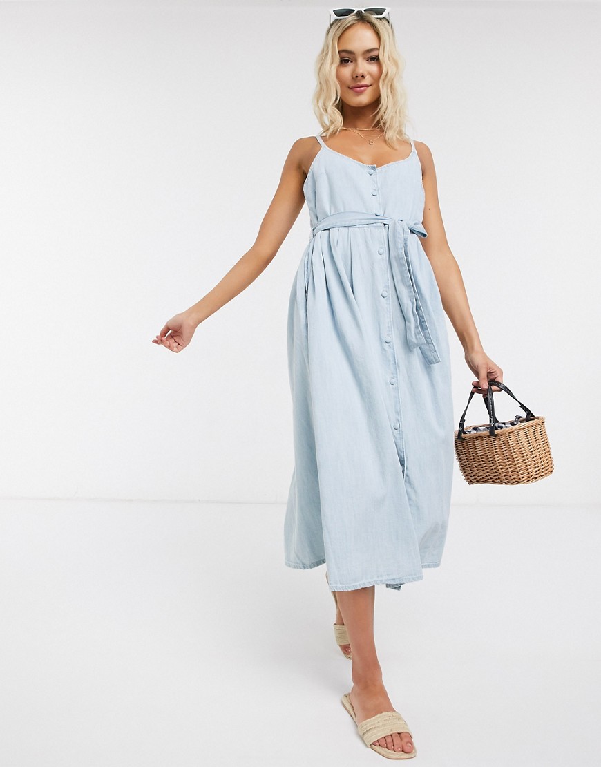 ASOS DESIGN - Midi-jurk van zacht denim in lichtblauwe wassing