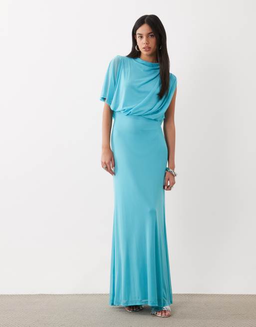 ASOS DESIGN midi-kjole i blå med mesh, asymmetrisk cap sleeve og blouson-overdel, 2 af 4