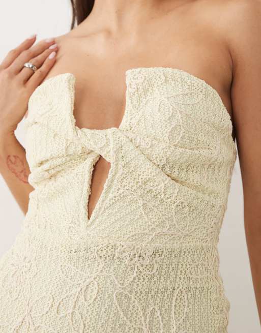 ASOS DESIGN midi-kjole med broderet hæklet bandeau i lemon, 3 af 4