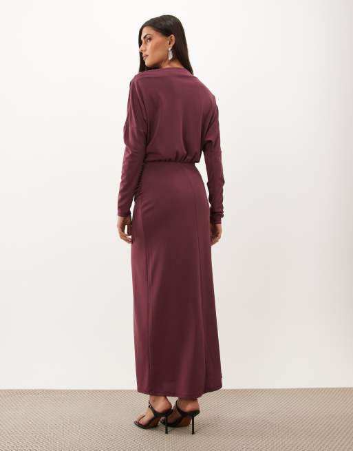 ASOS DESIGN midi-kjole med slashed hals og lange blousonærmer i mauve, 4 af 4
