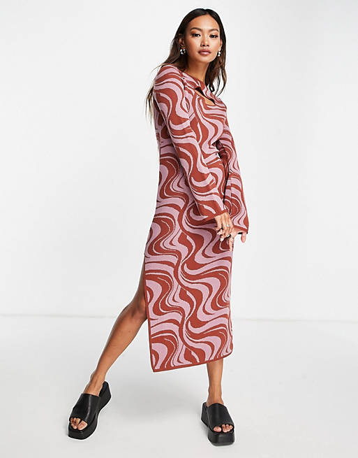 ASOS DESIGN midi knitted dress with cut out in swirl pattern in brown