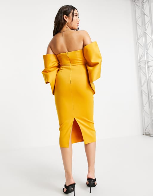 ASOS DESIGN - Midi kokerjurk met bardot-halslijn en gedrapeerde mouwen in mosterdgeel, 3 van 4