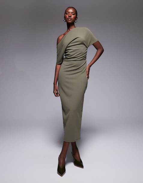 ASOS DESIGN - Midi-kokerjurk met geplooide schouders in kaki - view 1