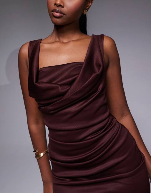 ASOS DESIGN - Midi-kokerjurk met vierkante hals en geplooide buste in chocoladebruin, 3 van 4